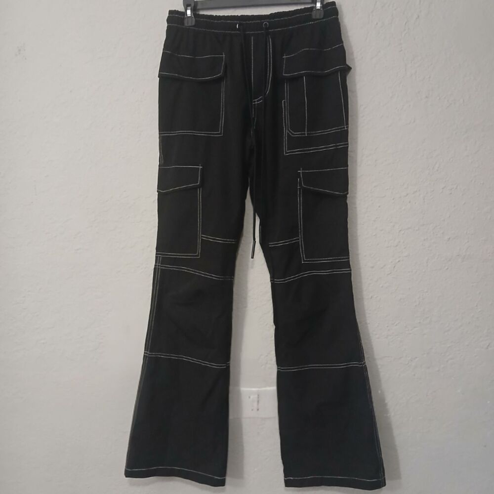 MENS BLACK AND WHITE STITCH CARGO PANTS by NOVA MEN